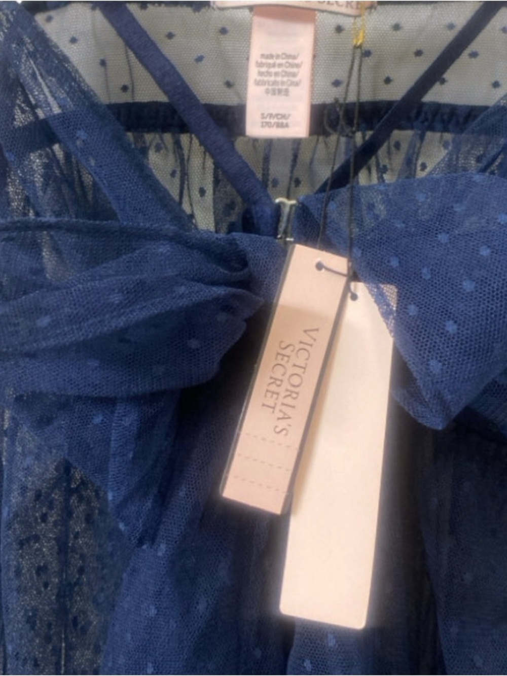 Victoria's Secret Navy Blue Sheer Polka Dot Bow-Front Chemise